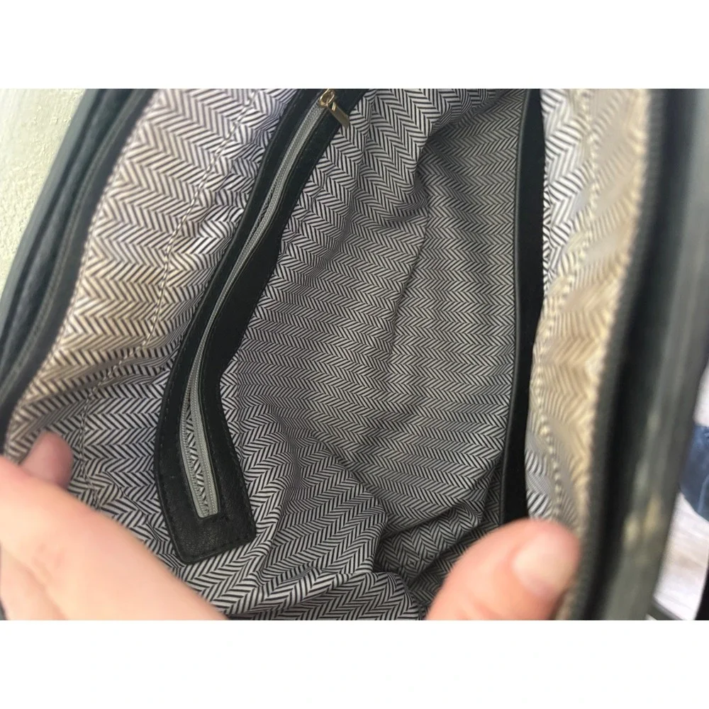 Black Faux Leather Satchel Handbag Gold Hardware Chevron Lining Front Pocket - Picture 4 of 5